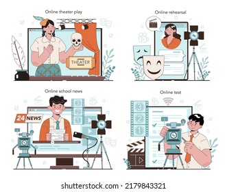 Drama School Club Online Service Or Platform Set. Students Playing Roles In A School Play. Young Actors Performing On Stage. Online Test, Rehearsal, School News, Theater Play. Flat Vector Illustration