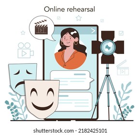 Drama School Club Online Service Or Platform. Students Playing Roles In A School Play. Young Actors Performing On Stage. Online Rehearsal. Flat Vector Illustration