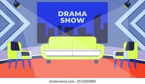 Ilustración plana de configuración de escenario de espectáculo de drama. Estudio de muebles. Sillones sofá bajo focos. Fondo de dibujos animados interiores 2D del programa de difusión televisiva. Escena de producción de TV de canal Vector Imagen