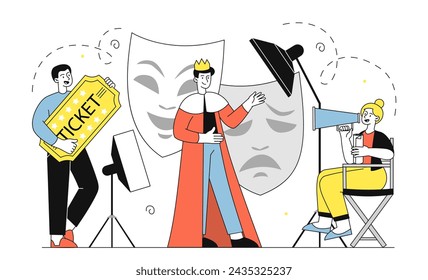Drama theater simple. Men and woman performing at scene. Theatrical masks with happy and sad emotions. Entertainment and leisure. Doodle flat vector illustration isolated on white background