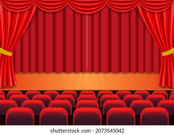 drama theater stage with glamor red curtain and spectacle by vector design