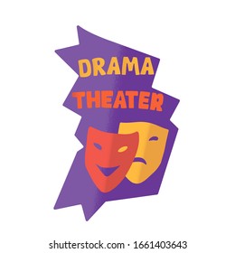 Drama theater symbol on purple background. Semi flat vector illustration of masks with happy and sad facial expression. Сomedy and tragedy. Logotype. Theater icon with face and text isolated on white.