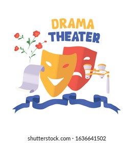 Drama theater symbol on white background. Semi flat vector illustration of masks with happy and sad facial expression. Сomedy and tragedy actors. Theater poster with face and ribbon isolated on white.