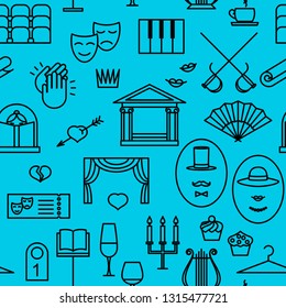 drama theatre, seamless pattern with linear icons on blue background. vector illustration. building of the theatre and masks, sideboard and wardrobe.