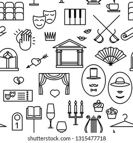 drama theatre, seamless pattern on white background. vector illustration. building of the theatre and masks, sideboard and wardrobe.