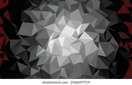 A dramatic abstract background featuring a chaotic arrangement of black and red polygons with a central white highlight, creating a sense of depth and texture.