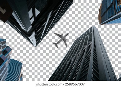 Dramatic Aerial Perspective with Airplane Amidst Skyscrapers isolated on transparent background