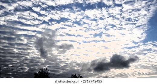 Dramatic altocumulus cloud formation fills the sky in patterned ripples, with darker cloud silhouettes and soft evening light creating a moody, textured atmosphere above a distant treeline.

