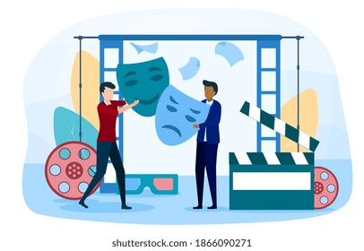 Concepto abstracto de arte dramático. Personajes dramáticos de actores y productores trabajando en escenarios de teatro, cine, cine. Dibujo vectorial plano de dibujos animados aislado en fondo blanco