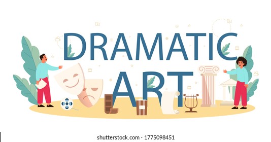 Dramatic art typographic header concept. Children creative subject, school play. Kid studying acting performance on stage and drama art. Vector illustration in cartoon style