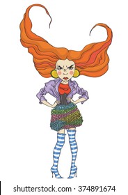 Dramatic, attractive,  angry woman, dressed stylish, big red hair and determined pose.