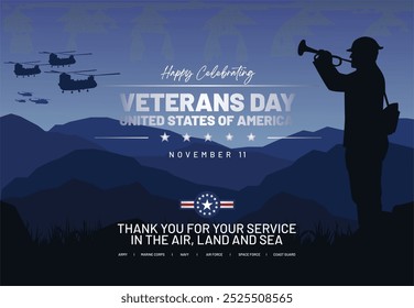 Fondo dramático de la celebración del día de los veteranos 11 de noviembre de 2024. Saludo feliz día de los veteranos para todas las unidades de la Fuerza Armada de los Estados Unidos. 