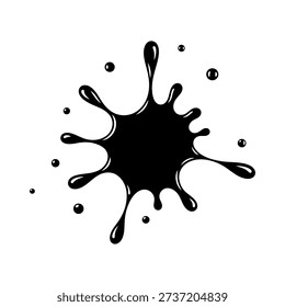 A dramatic black ink splatter with radiating droplets on a clean white background, creating a dynamic abstract composition