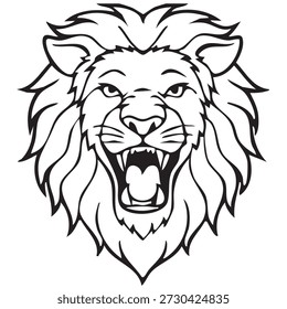 Uma ilustração dramática de arte em linha preta da cabeça de um leão rugindo, simbolizando poder, domínio e coragem. Perfeito para tatuagens, logotipos e designs gráficos arrojados.