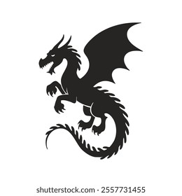 A dramatic, black silhouette of a dragon in a dynamic pose, suitable for logos, emblems, or graphic design project icon on white background