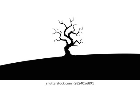 Dramatic black silhouette of a gnarled leafless tree on a sloping hill, isolated against a white background.