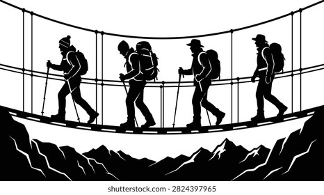 A dramatic black silhouette illustration of hikers crossing a suspension bridge above a rugged mountain landscape. Ideal for outdoor adventure, trekking, hiking, travel, camping, tourism, and nature-themed designs.
