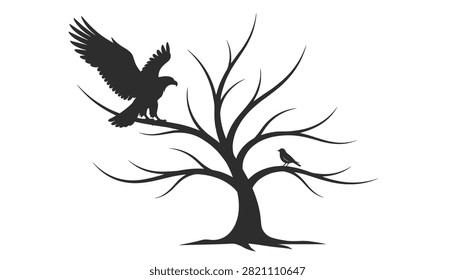 Dramatic black silhouette of a large eagle perched on a bare branch of a leafless tree opposite a small bird, on white.