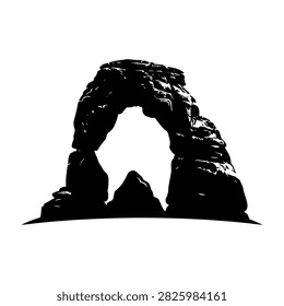 A dramatic black silhouette of a natural rock arch formation set against a clean white background, evoking a sense of wonder and curiosity