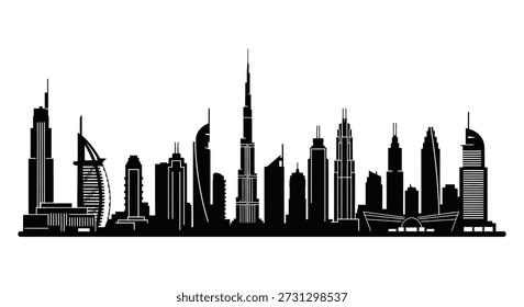 Dramatic black silhouette of Dubai’s skyline, highlighting its modern architecture and distinctive style.