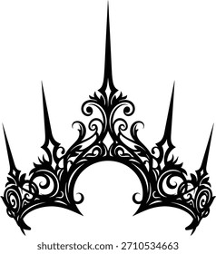 A dramatic black silhouette of a spiky crown with elaborate scrollwork and sharp points on a white background.