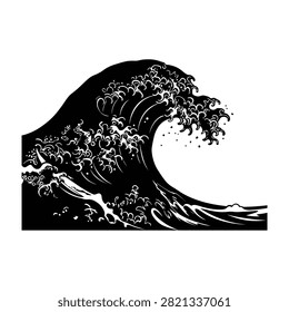 Dramatic black wave crashing in monochrome illustration style, creating dynamic ocean surf