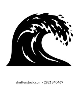 Dramatic black wave graphic on white background, ocean symbol silhouette
