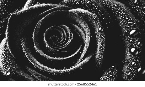 Dramatic black and white close-up rose with shimmering dew drops in stippling design. Timeless beauty and elegance concept. Retro styled dotwork. Pointillism. Noisy grainy shading. Vector illustration