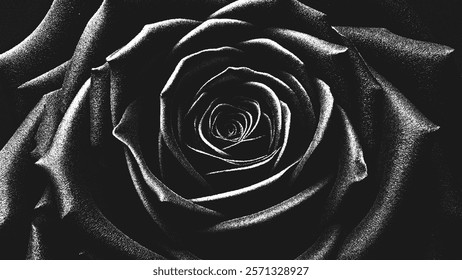 Dramatic black and white close-up rose with shimmering dew drops in stippling design. Timeless beauty and elegance concept. Retro styled dotwork. Pointillism. Noisy grainy shading. Vector illustration