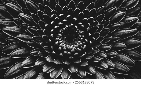 Dramatic black and white floral art background of close-up blooming flower in stippling style with detailed texture. Retro styled dotwork. Pointillism. Noisy grainy dot shading. Vector illustration