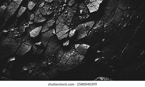 Dramatic black and white fractured surface of high contrast cracked rock texture pattern with rough grunge stippling style aesthetic. Pointillism. Noisy grainy shading using dots. Vector illustration