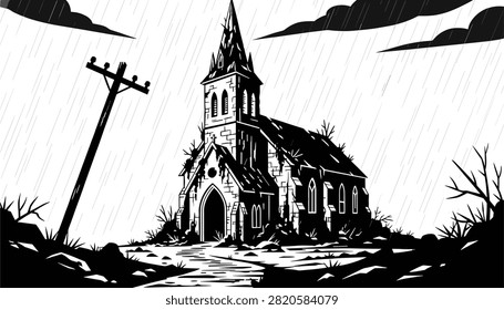 Dramatic black and white illustration of an abandoned gothic church standing under heavy pouring rain and dark clouds.