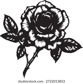 Ilustração em preto e branco dramática de uma bela rosa, mostrando detalhes pétalas intrincados, caule e folhas para vários usos.