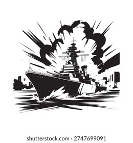 A dramatic black and white illustration depicts a naval battleship steaming forward amidst explosive bursts and waves