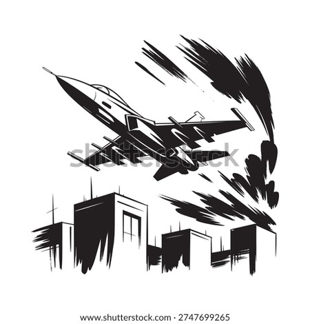 A dramatic black and white illustration depicts a fighter jet soaring above a silhouetted cityscape high quality