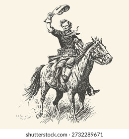 A dramatic black and white illustration of a determined cavalry soldier on a galloping horse, holding his hat aloft in a gesture of victory.