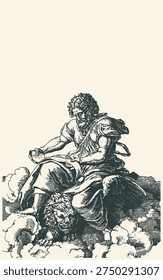 Dramatic black and white illustration of an elderly bearded man holding a young child on a rocky cliff, evoking themes of protection, wisdom, and heritage with artistic shading.