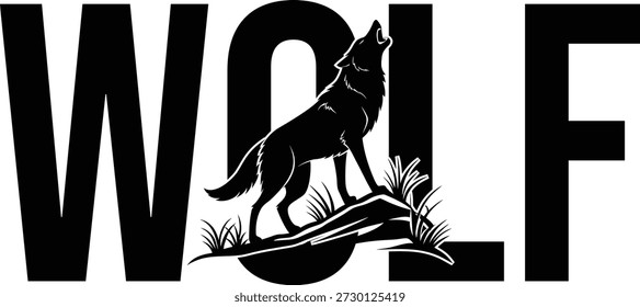 Dramática ilustración en blanco y negro de un lobo aullando de pie en un Rock con hierba alta y tipografía audaz
