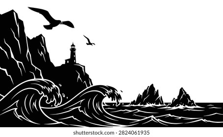 Dramatic black and white illustration of a lighthouse on a rocky cliff face amidst powerful ocean waves and seagulls.