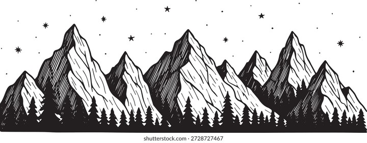 A dramatic black and white illustration of a mountain range with sharp peaks, silhouetted pine trees, and scattered stars.