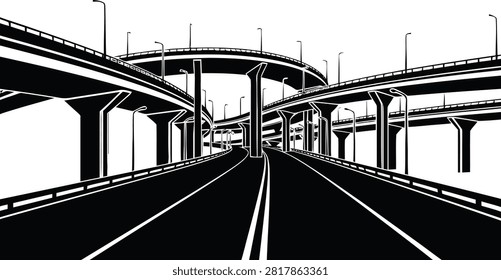 A dramatic black and white illustration of a multi-level highway interchange, showcasing the intricate network of roads and supporting structures against a stark background.