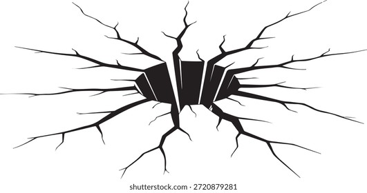 La dramática ilustración en blanco y negro muestra una superficie agrietada con bordes irregulares y líneas fracturadas, creando una sensación de interrupción y caos en una audaz representación gráfica de roturas y daños.