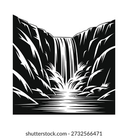 Dramatic black and white illustration of a waterfall cascading into a pool