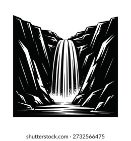 Dramatic black and white illustration of a waterfall cascading into a pool