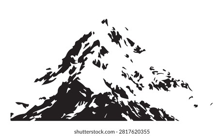 Dramatic black and white mountain silhouette with snow-covered peaks, emphasizing rugged terrain and natural beauty.