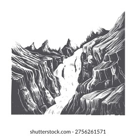 Dramatic black and white pencil of a waterfall cascading through steep cliffs rocks