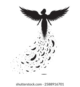 Dramatic black and white silhouette of an angel with large wings is rising into the air. Vector isolated beautiful angel design on white background.