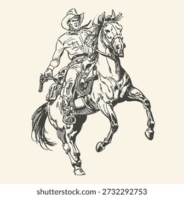 Un dramático boceto en blanco y negro de un vaquero a caballo, con su corcel levantándose con una pistola en la mano, listo para la acción.