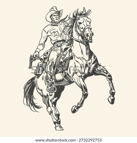 A dramatic black and white sketch of a cowboy on horseback, his steed rearing up with a gun in hand, ready for action.