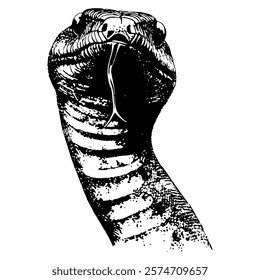 dramatic black and white vector illustration of a snake with its tongue out, showcasing bold textures and intricate scale details in a striking design.